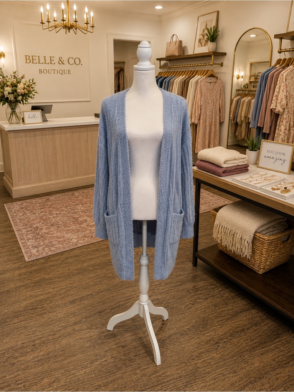 Hippie Rose Blue Soft Ribbed Long Cardigan Sweater NWT L XL Pockets